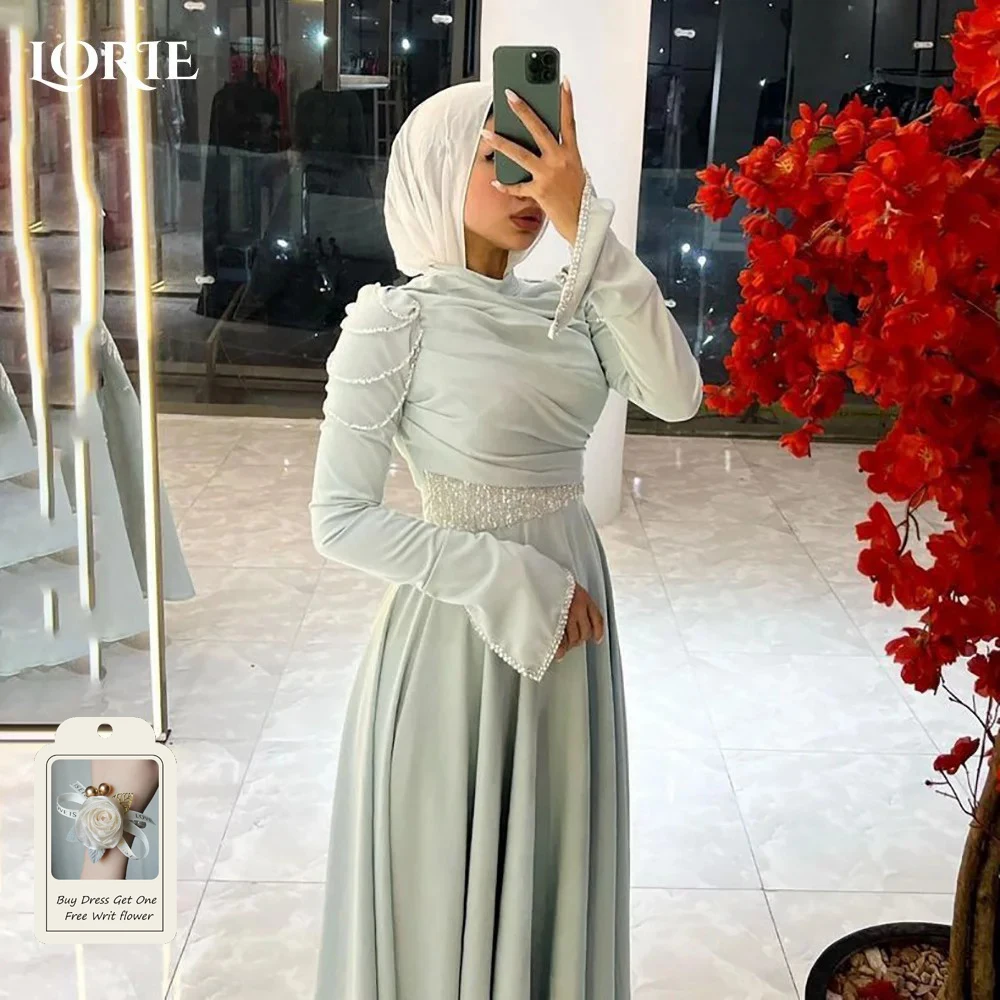 

LORIE Modest Crepe Saudi Evening Dresses Elegant Flared Long Sleeves A-Line Pleats Arabia Prom Gown Party Dresses Customized
