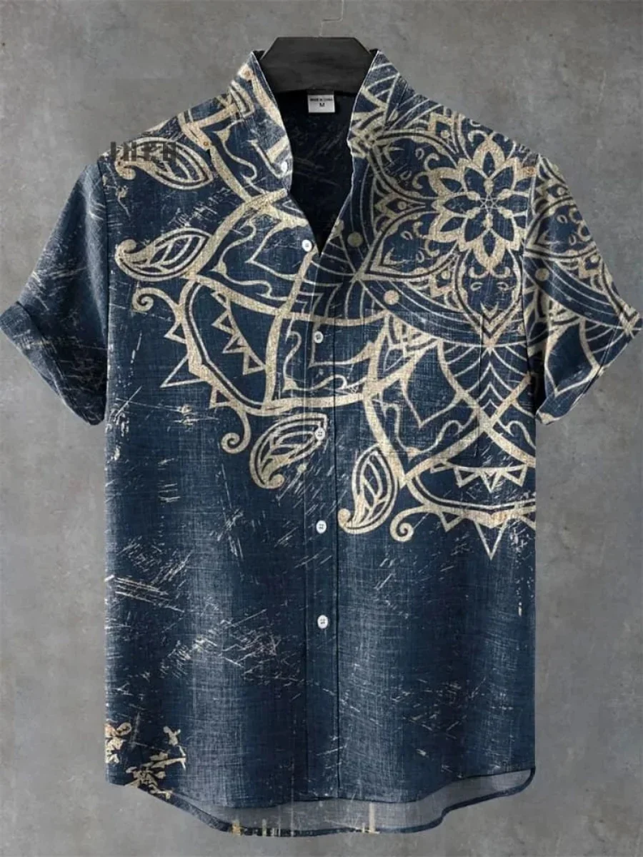 2025 Men's mandala flower pattern short sleeve shirt Summer vintage new linen shirt men's short sleeve leisure holiday streetwea
