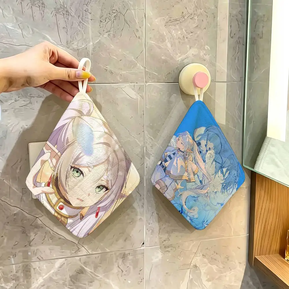 Hot Japan Anime Frieren Hanging Design Hand Wiping Towel, Polyester Cotton Fabric, Universal for Bathroom Kitchen