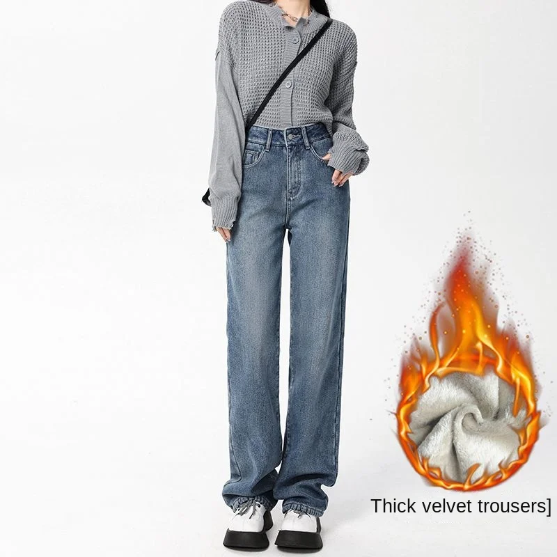 

Женские джинсы Y2k Джинсы Мешковатые брюки Свободная посадка Укороченная длина Ретро Легкая теплая флисовая подкладка Уличная одежда Повседневная одежда