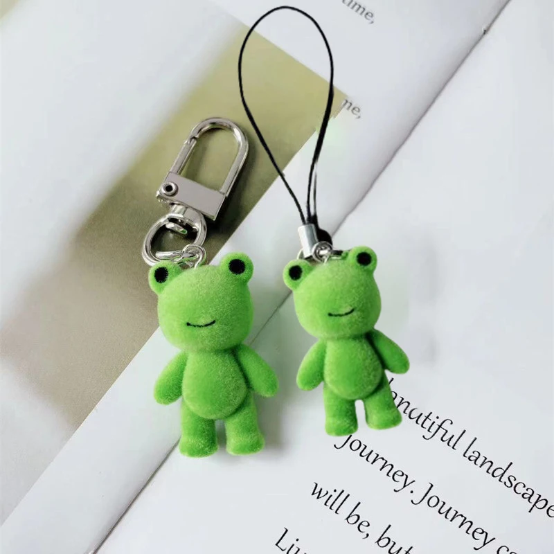 Frog Pendant Kawaii 3D Fluffy Flocking Animal Frog Charms Miniature Dolls Keychain Necklace Pendant DIY Jewelry Make