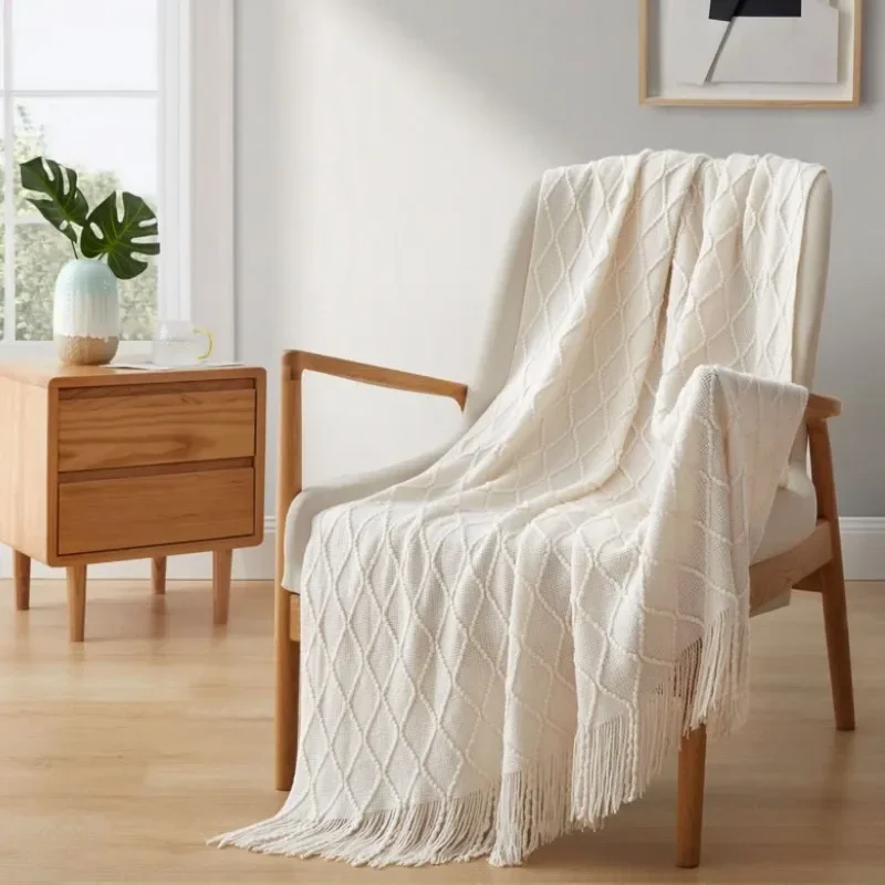 

Blanket Sofa Office Nap Throw Blankets Towel Bed Plaid Cream White Nordic Gift Knitted Blanket with Tassel Decorative Bed Thread