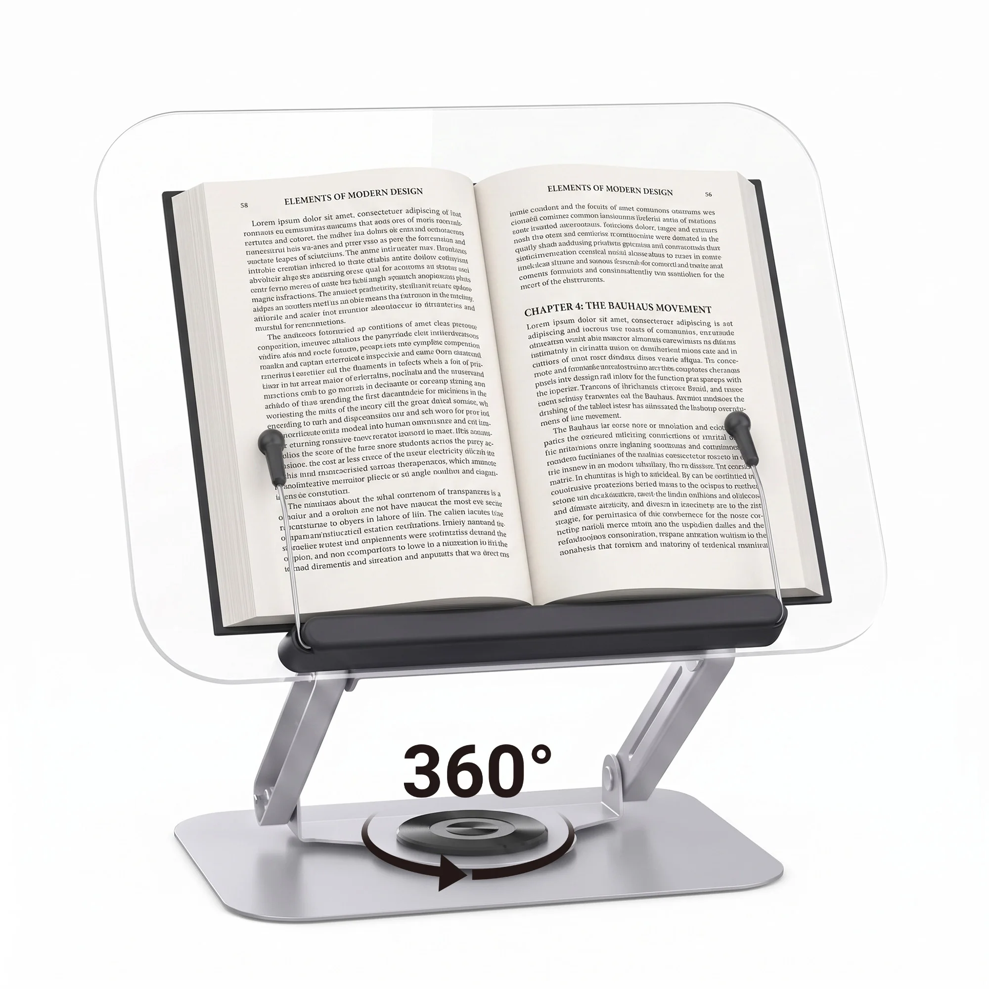 Adjustable Acrylic Book Stand, 360° Rotating Reading Holder, Foldable Laptop & Tablet Riser with Page Clips for Desk, Office & Kitchen