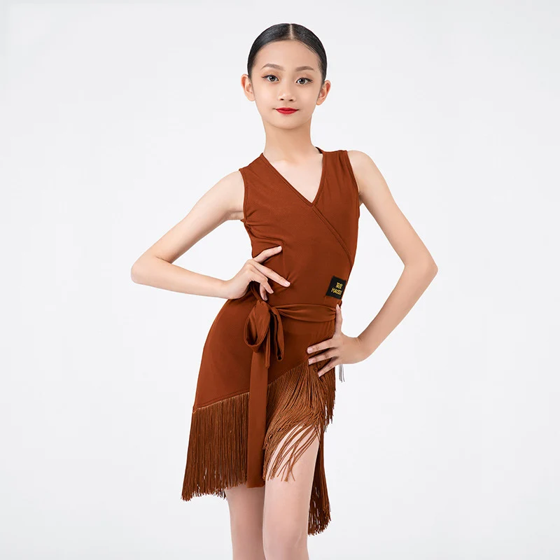 Summer Latin Dance Dress Girls Fringe Competition Clothes Brown Black ChaCha Dancing Costume Rumba Samba Practice Wear DL10611