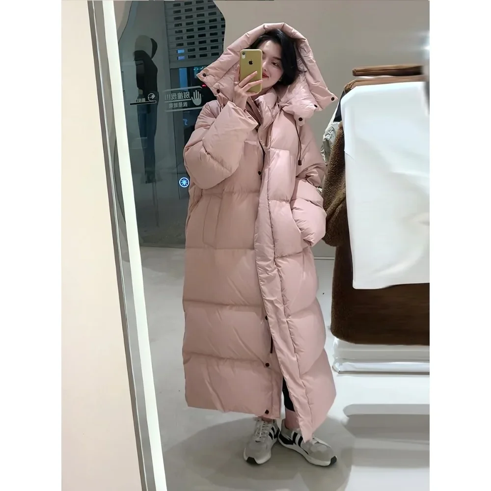 2024Explosive Winter Down Jacket with Women Long Down Jacket White Duck Thick Warm Hooded Over Knee Waterproof Large Down Jacket