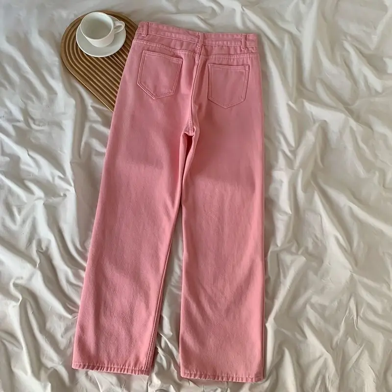 

Pink Jeans Women Straight Ins Popular Vintage Basic Spring Hip Hop Chic Students Sweet High Waist Simple All-match Harajuku Y2k