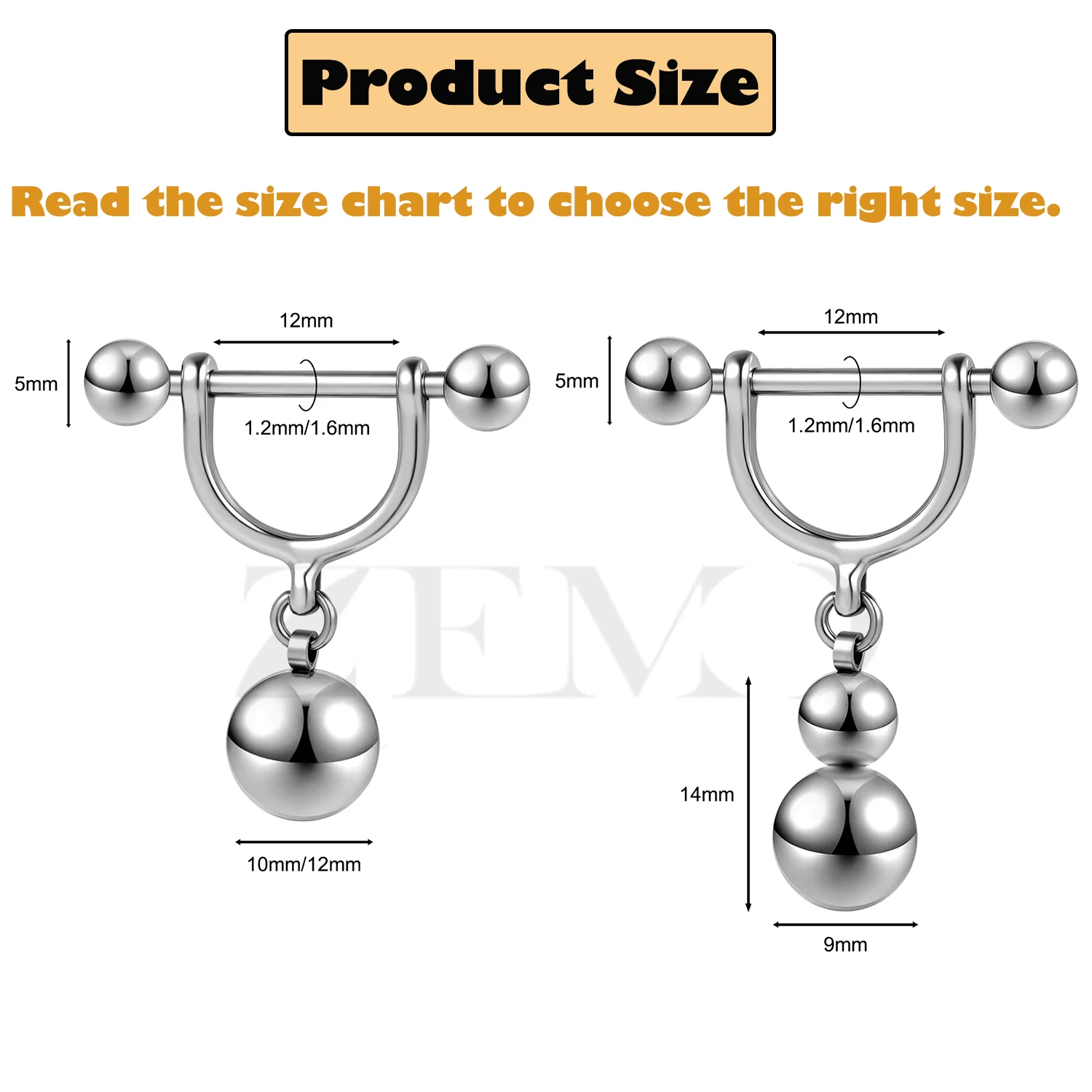 ZEMO 1PC/1Pair 14G/16G Stainless Steel Drop Nipple Rings Bar Balls Barbell Dangle Nipple Piercings 10/12MM Punk Piercing Jewelry
