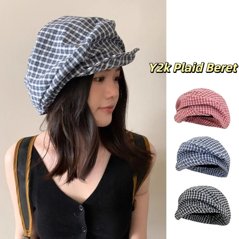 

Casual Vintage Y2k Plaid Beret Cloud Japanese Octagonal Cap Soft Brim Artist Newsboy Cap Streetwear