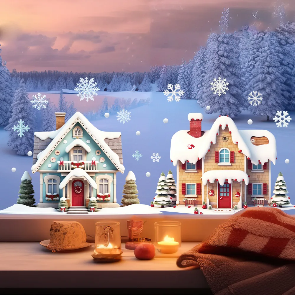 Christmas Houses Window Stickers Removable Static Glass Stickers Snowflakes Xmas Tree Electrostatic Glass Decal For Home Decor