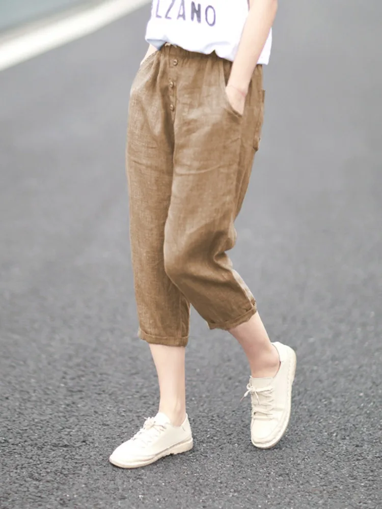 

Повседневные хлопковые и льняные свободные женские брюки с эластичной резинкой на талии, утягивающие тонкие брюки Harlan, летние художественные брюки для поездок на работу