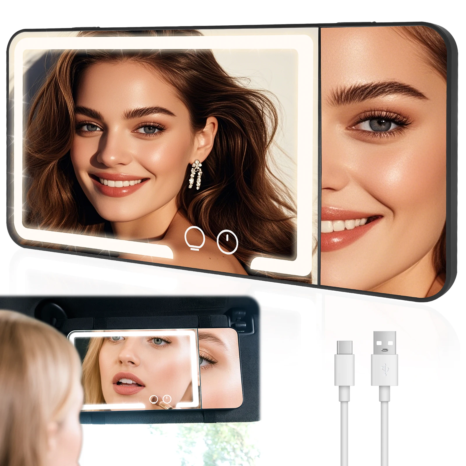 

Автомобильное зеркало с солнцезащитным козырьком и 3-кратным увеличением, светодиодное освещение, зеркало для макияжа, перезаряжаемые 3-цветные зеркала с подсветкой для солнцезащитного козырька