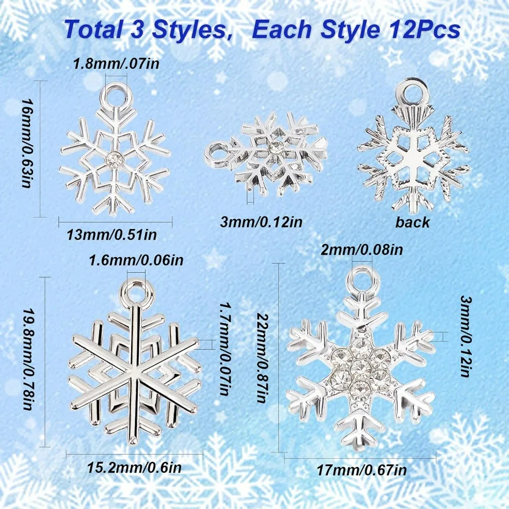 1 Box 36Pcs Snow Charms Snowflake Charms Rhinestone Winter Charm Bulk Christmas Small Alloy Charm Xmas Silver Color making kit