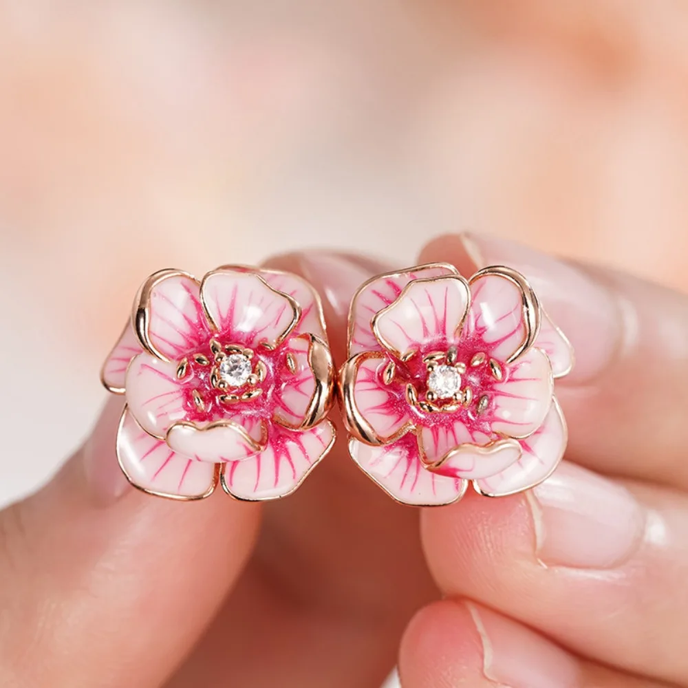 Sweet Romantic Pink Rose Gold Color Super Fairy-like Painted Oil Stereo Flowers 5A Zircon Stud Earrings for Women Charm Jewelry