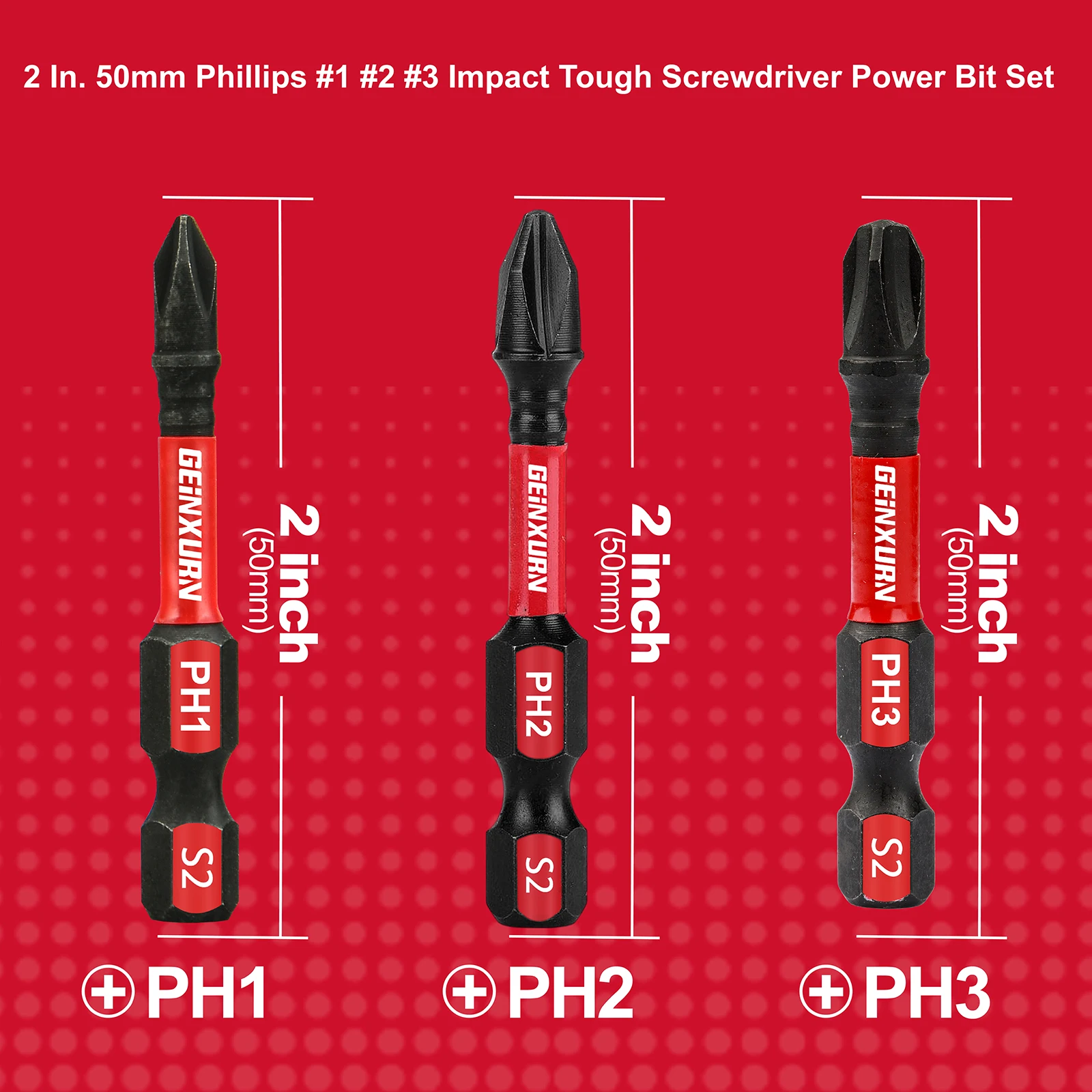 Geinxurn 2 in.  Impact Tough #1#2 #3 Phillips Screwdriver Bits Set,S2 Alloy Steel Magnetic Power Bit Set(PH1/PH2/PH3)