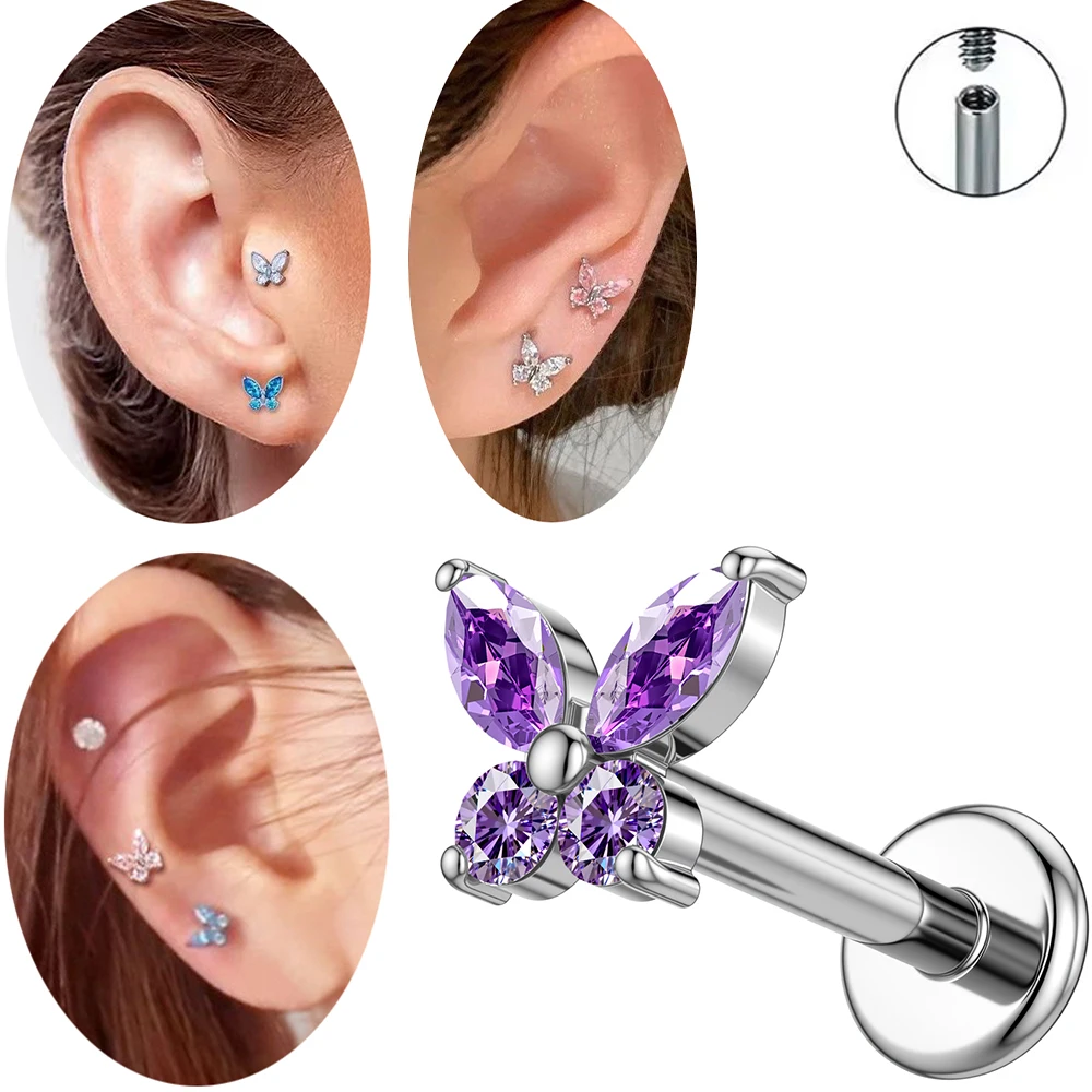 1PC G23 Titanium Butterfly Labret Piercing Lip Stud Cluster Zircon Tragus Flat Cartilage Stud Earrings Nose Piercing Jewelry view 6