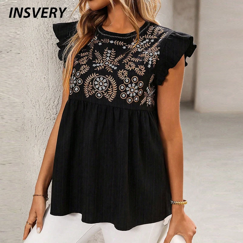 

Elegant Summer Fashionable Round Neck Flying Sleeve Floral Embroidery Shirt Breathable Casual T-Shirt Women Vest Tank Tops 2025