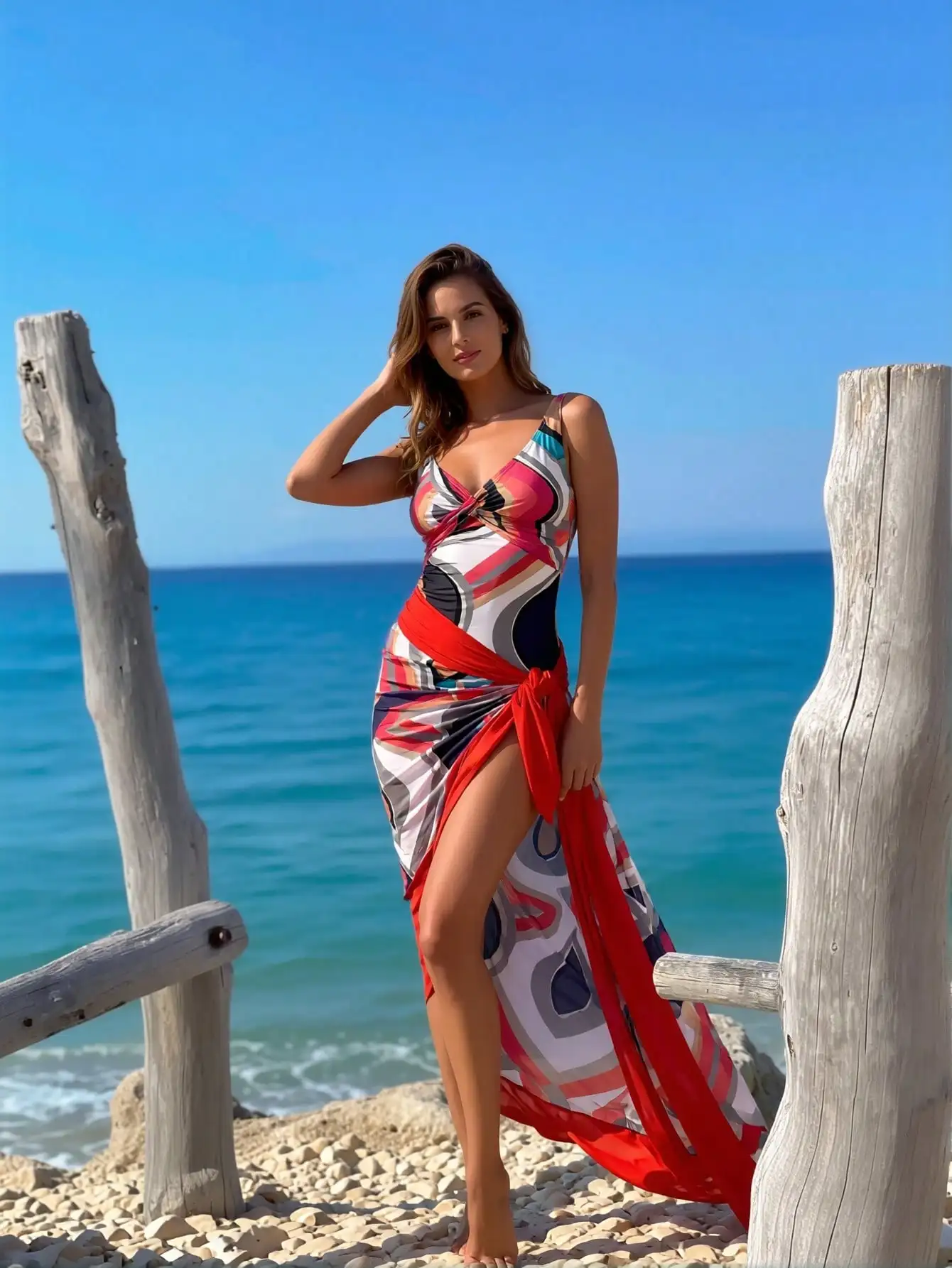 2026 New Geometric Print Twist Front One Piece Swimsuit with Matching Red Wrap Skirt, Spaghetti Strap V Neck Two Piece Beach Cover Up Set