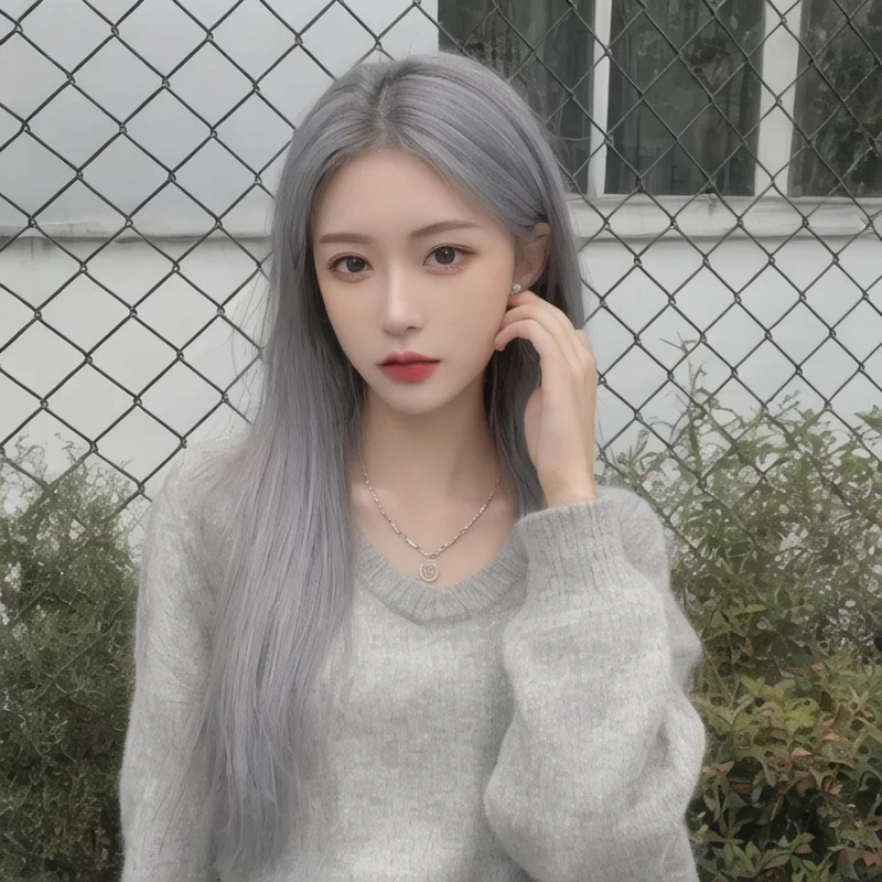 

Women's wig, granny gray, middle-parted, long straight synthetic hair, suitable for short video sales