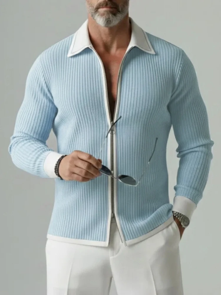 Elegant Men Vertical Rib Knit Zip Front Polo Top Contrast White Trim Lapel Collar Long Sleeve Slim Casual Daily Knitted Jacket