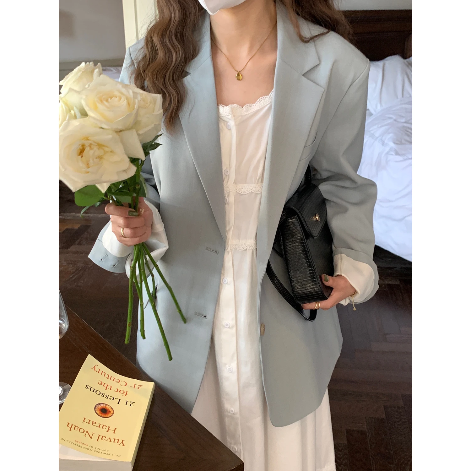 Miaohome Chongming Coast Koreaans Sle Blue damespak Jaet Faionable High-End Design Lente Seizoen Vrijetijdskleding