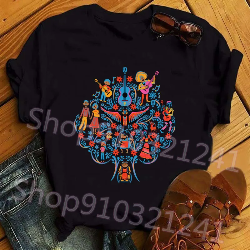 كوكو تي شيرت المرأة القوطية السكر الجمجمة القمم الكرتون الجرافيك الغيتار ميغيل تيز للجنسين Harajuku قميص أسود الملابس النسائية