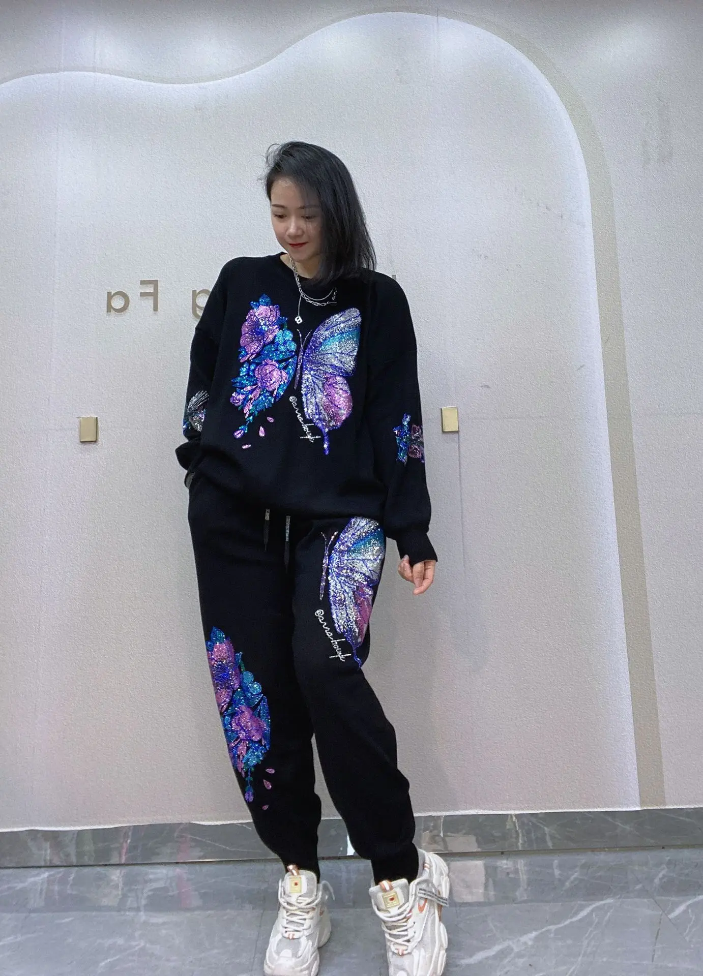 Langarm-Strickpullover Zweiteilige Sets Damen Heavy Industry Flash Diamond Fashion Kapuzenpullover Hose Freizeitanzug