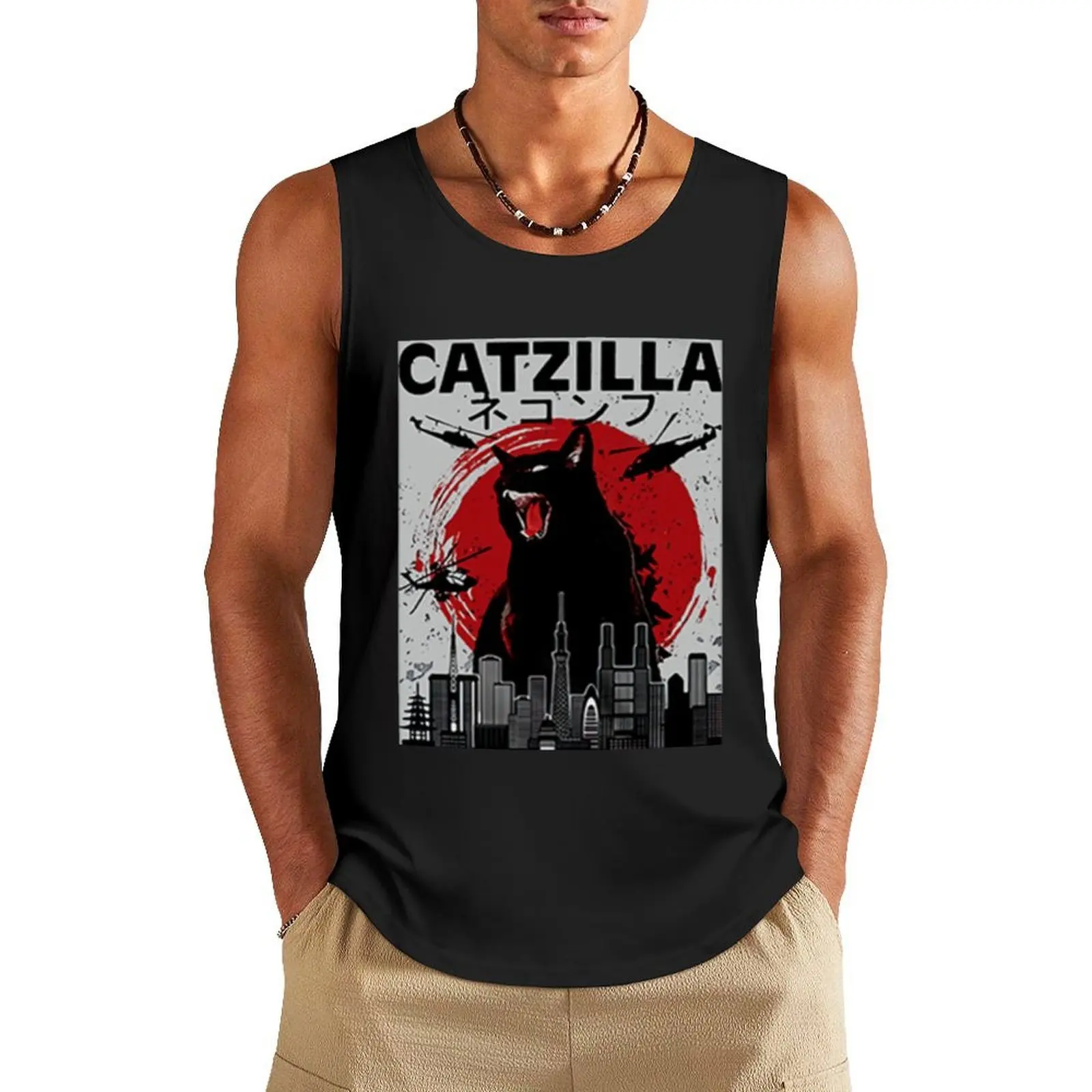 

Catzilla Vintage Japanese Sunset Style Cat Kitten Lover T-Shirt Tank Top summer clothes man 2025 Men's clothing Sports clothing