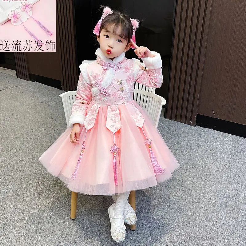 New red Chinese New Year clothes women\'s Hanfu winter clothes children\'s Tang suit baby plus velvet padded dress Christmas dress