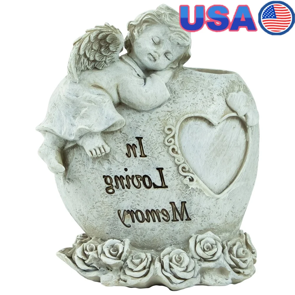 

Religious Bereavement Angel Garden Statue "In Loving Memory" Heart Stone Decor Outdoor Indoor Use Weatherproof Polyresin
