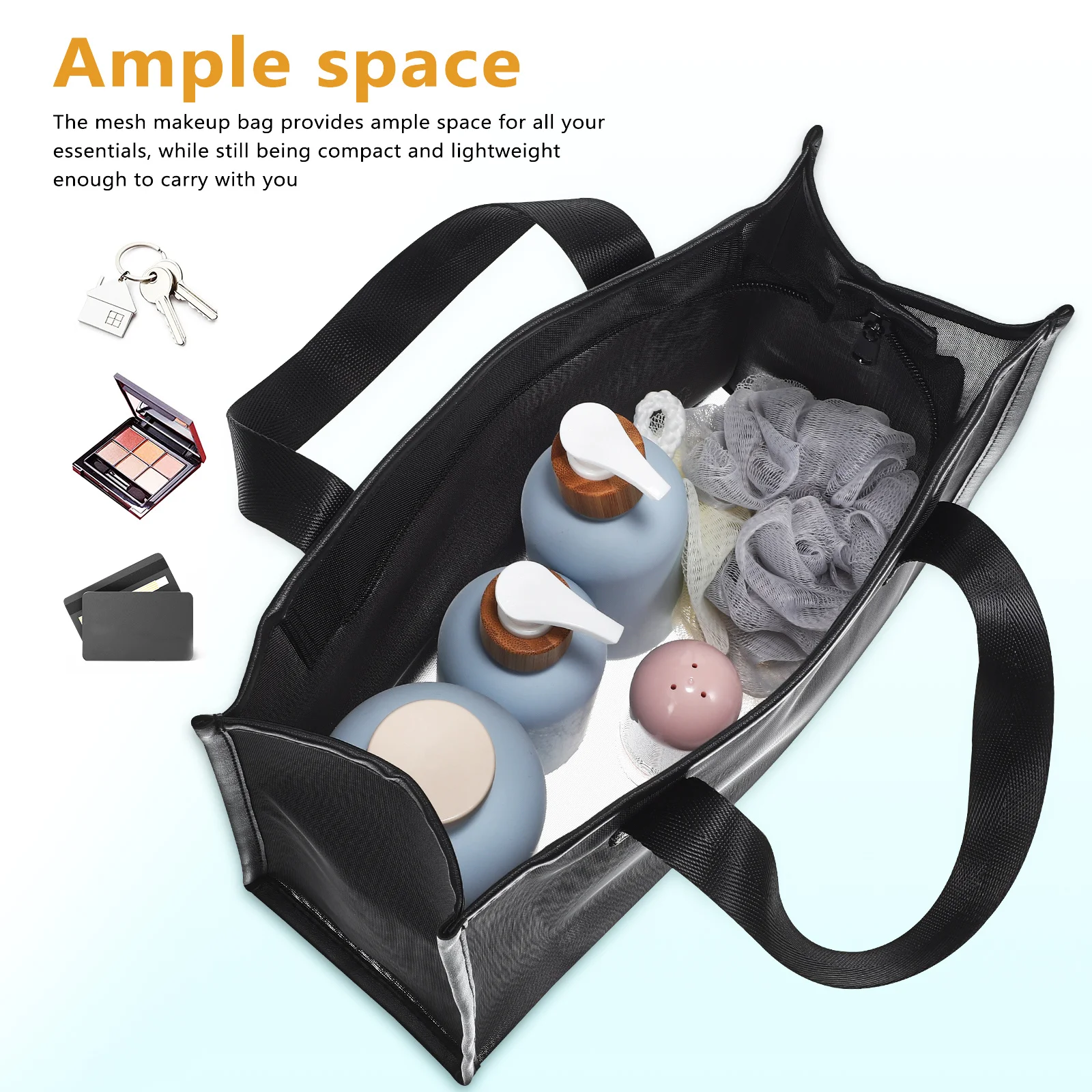 

Nylon Mesh Makeup Bag Large Capacity Travel Organizer Zippered Toiletry Pouch Lightweight Carry Handle