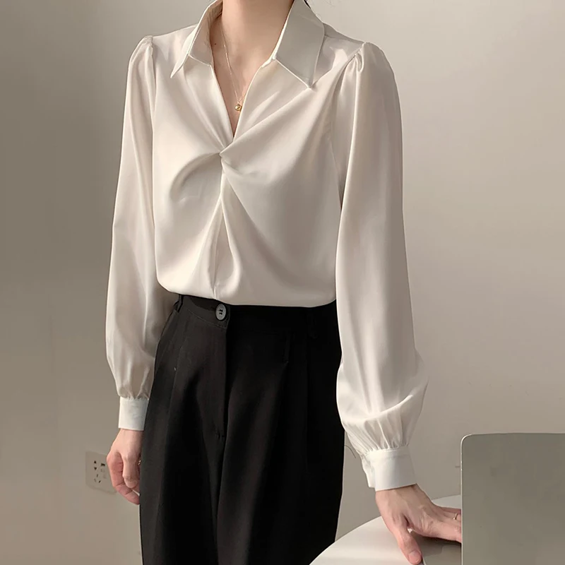 

Gidyq Elegant Women Shirts Fashion Designed Female Loose Long Sleeve Tops Casual All Match Office Ladies Solid Blouse Spring New