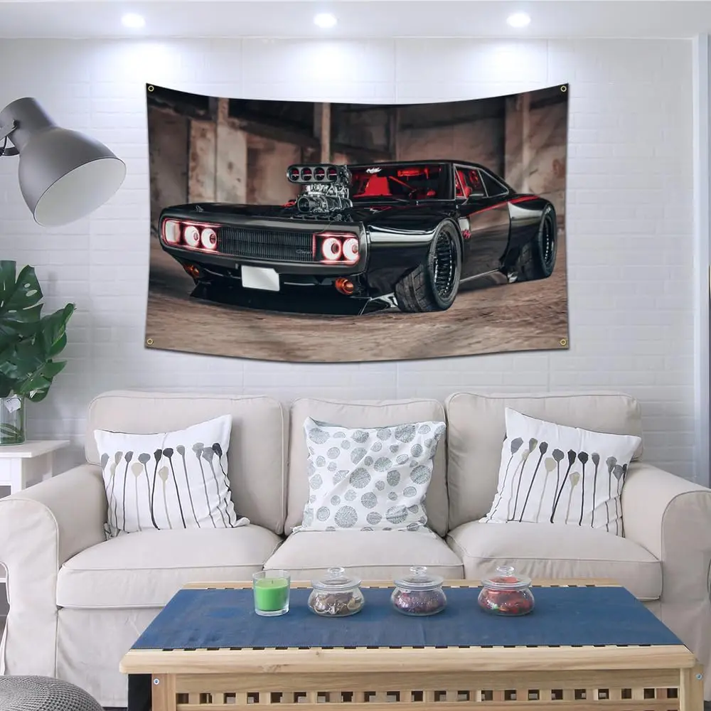 Retro Muscle Car Tapestry Wall Hanging Hot Rod Automotive Art Poster Classic Lowrider Style Garage Decor Accent