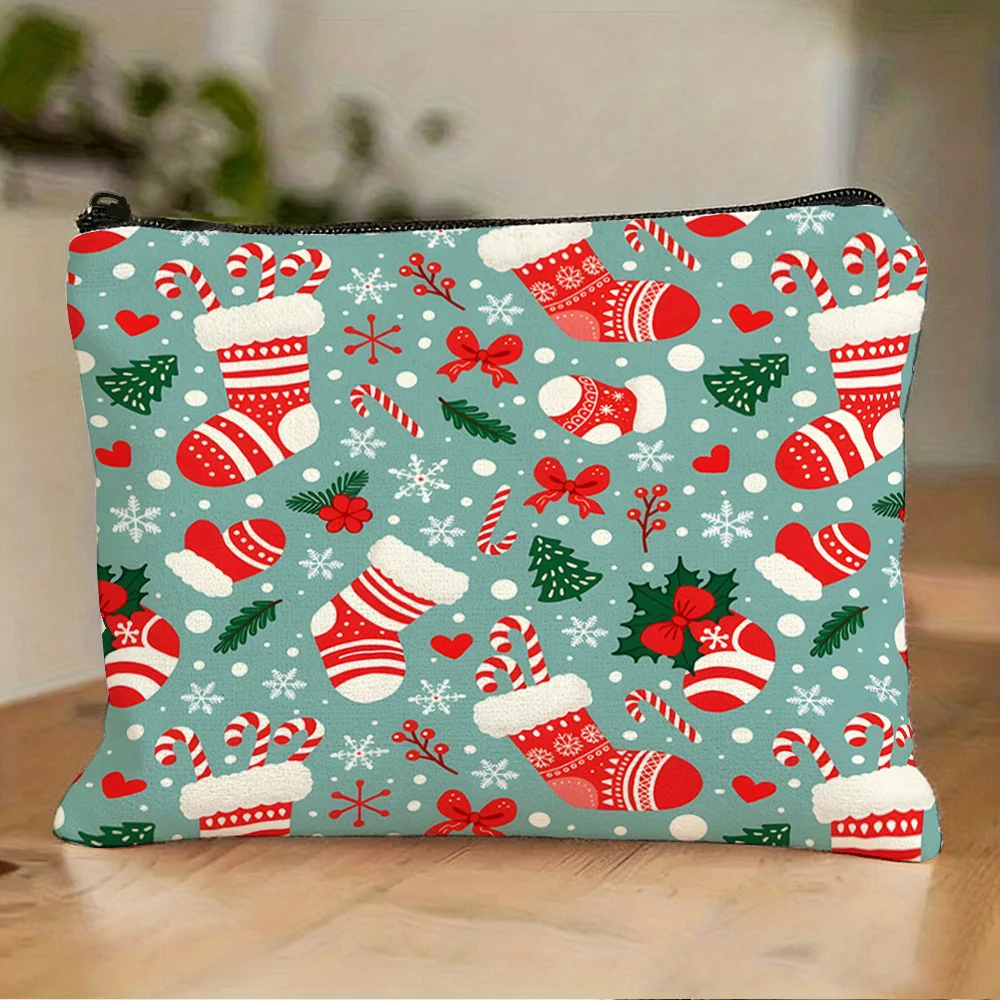 1pc of New Mint Green Christmas Stocking with Zipper Storage Bag, Cane Candy Christmas Tree Snowflake Holly Festive Storage Bag