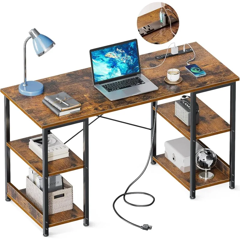 

40 Inch Small Computer Desk with Power Outlets & USB Charging Port, Home Table with Storage Shelves,