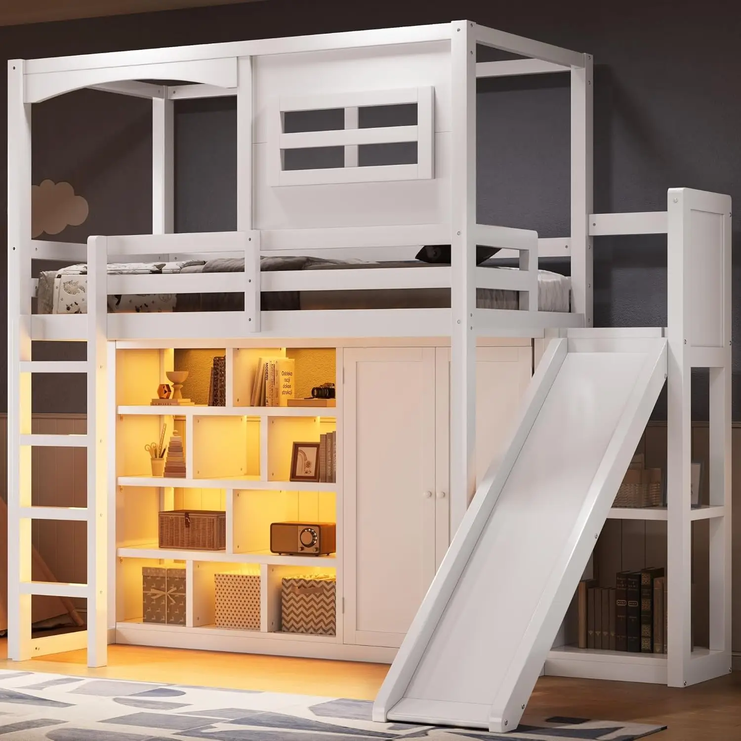

Wood Twin Size House Loft Bed with Wardrobe, Storage Shelves, Slide and LED, Fun Playhouse Design for Kids Boys & Girls