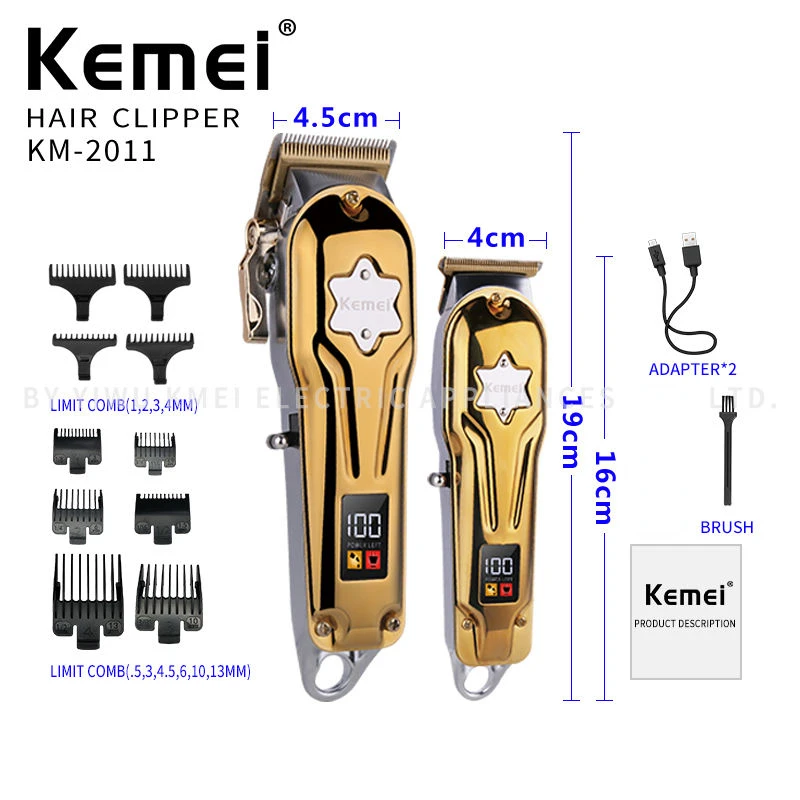 Kemei KM-2011 USB De Charge Électrique Tondeuse À Cheveux Nouveaux Hommes Deux Pièces Trempé Affichage LED Métal Barbier Accessoires