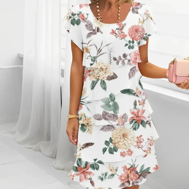 2025 primavera chique floral impressão chiffon vestido mulher elegante tripulação pescoço em camadas vestido plissado verão manga curta a linha vestido de festa