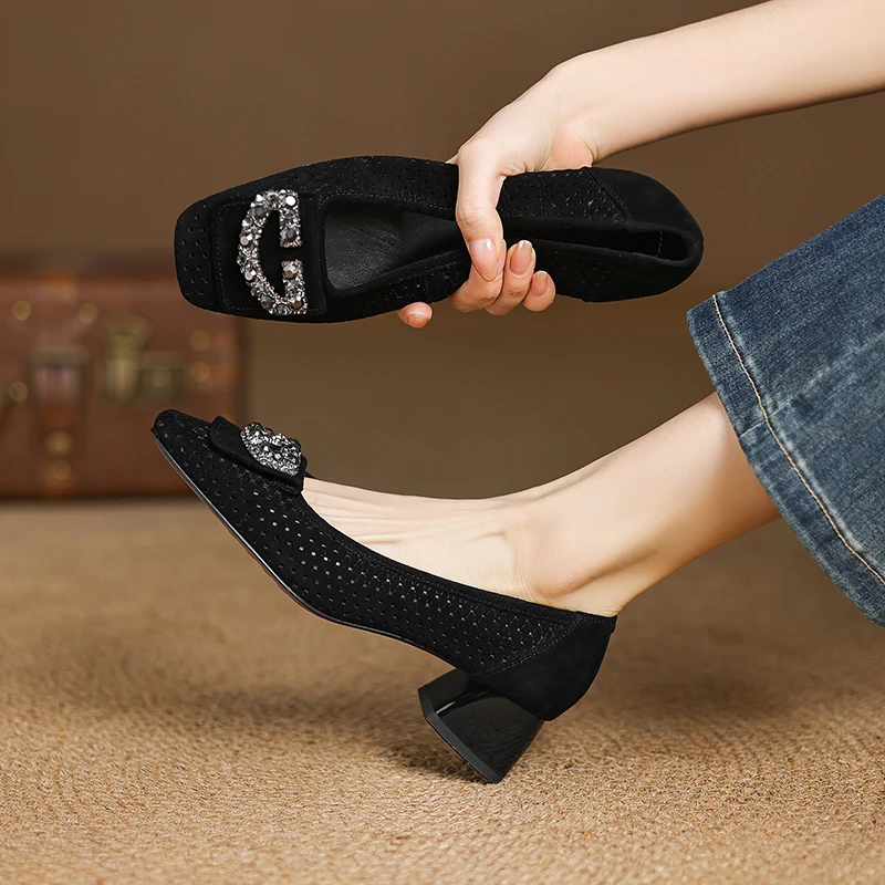 women's hollow-out natural suede leather crystal buckle slip-on pumps 4cm thick med heel elegant ladies heeled dress shoes - Image 4