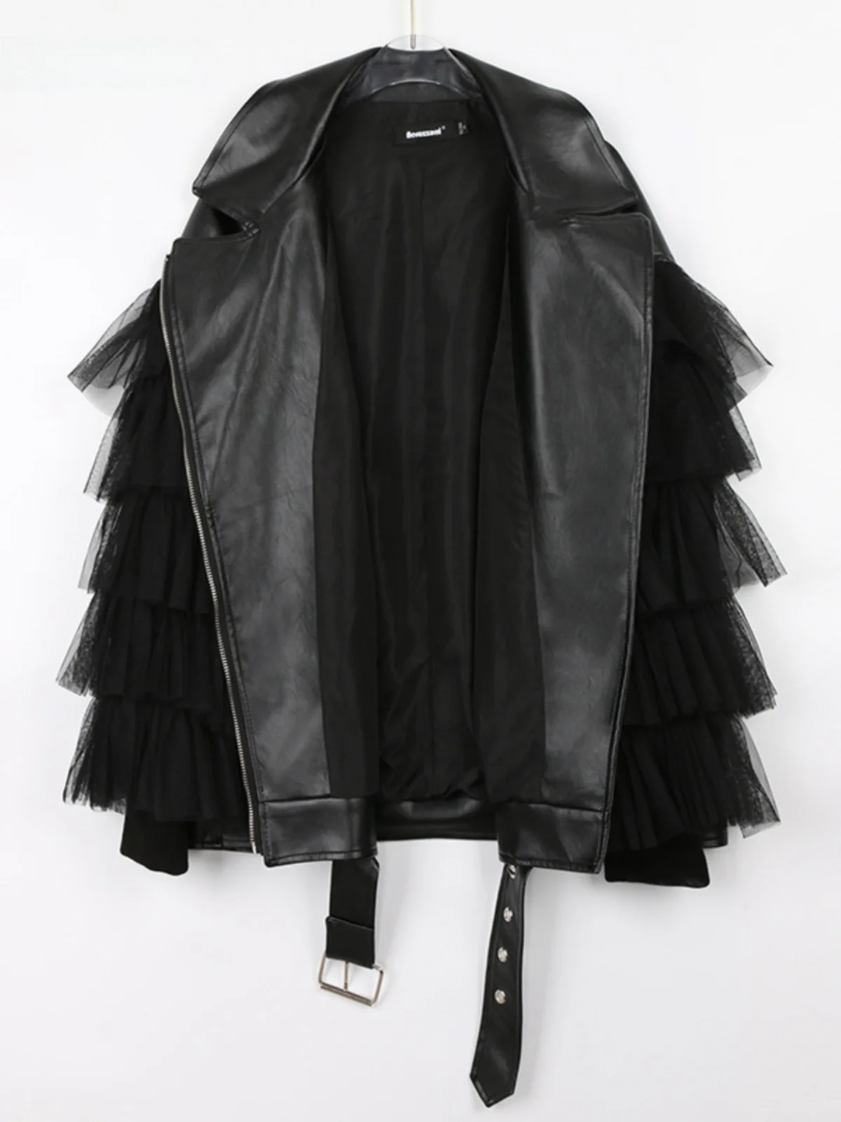 Nerazzurri Bla Lace Spliced Motorcycle Sle Loose PU Leather Jaet Women's  New Arrival Faion Commute Windbreaker