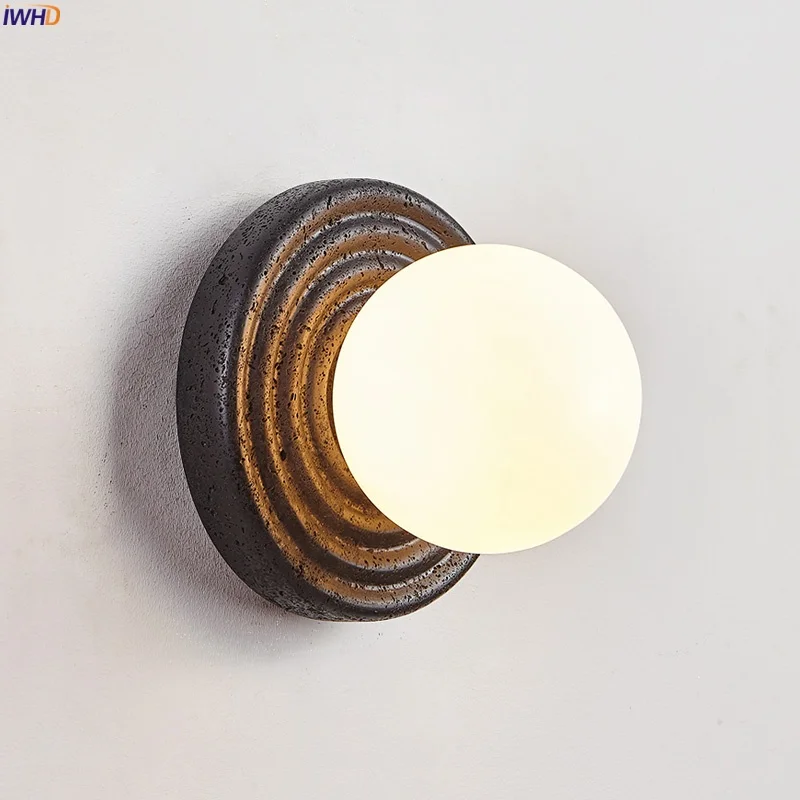 

IWHD Creative Black Travertine LED Wall Light Living Room Decor Bathroom Mirror Modern Nordic Bedside Lamps Lampade Da Parete