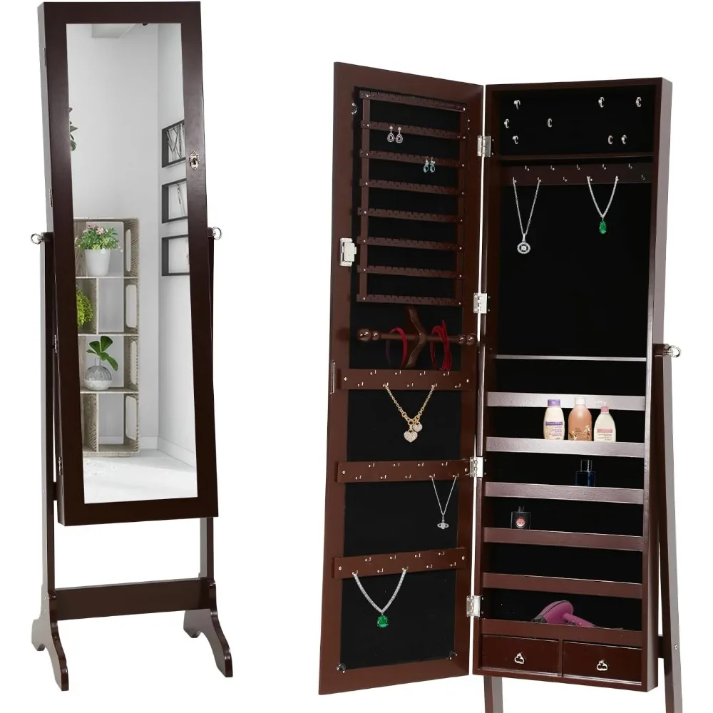 

Standing Jewelry Armoire Mirror Cabinet with Full-length Mirror, Jewelry Organizer with Lots of Storage Space