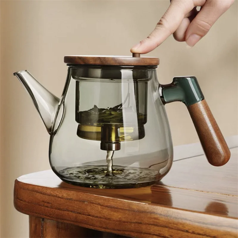 

﻿650ml One Click Press Tea Separation Glass Teapots With Wood Handle Brewing Herbal Green Tea Pot Tea Maker Kungfu Tea Set