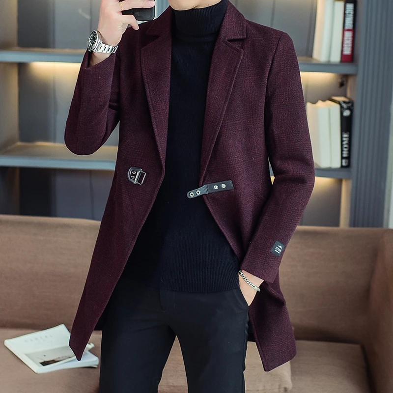Business Casual Men\'s Mid-Length Plaid Overcoat Spring Autumn Woolen Coats Outwear Checkered Windbreaker Slim Fit Trench Jackets