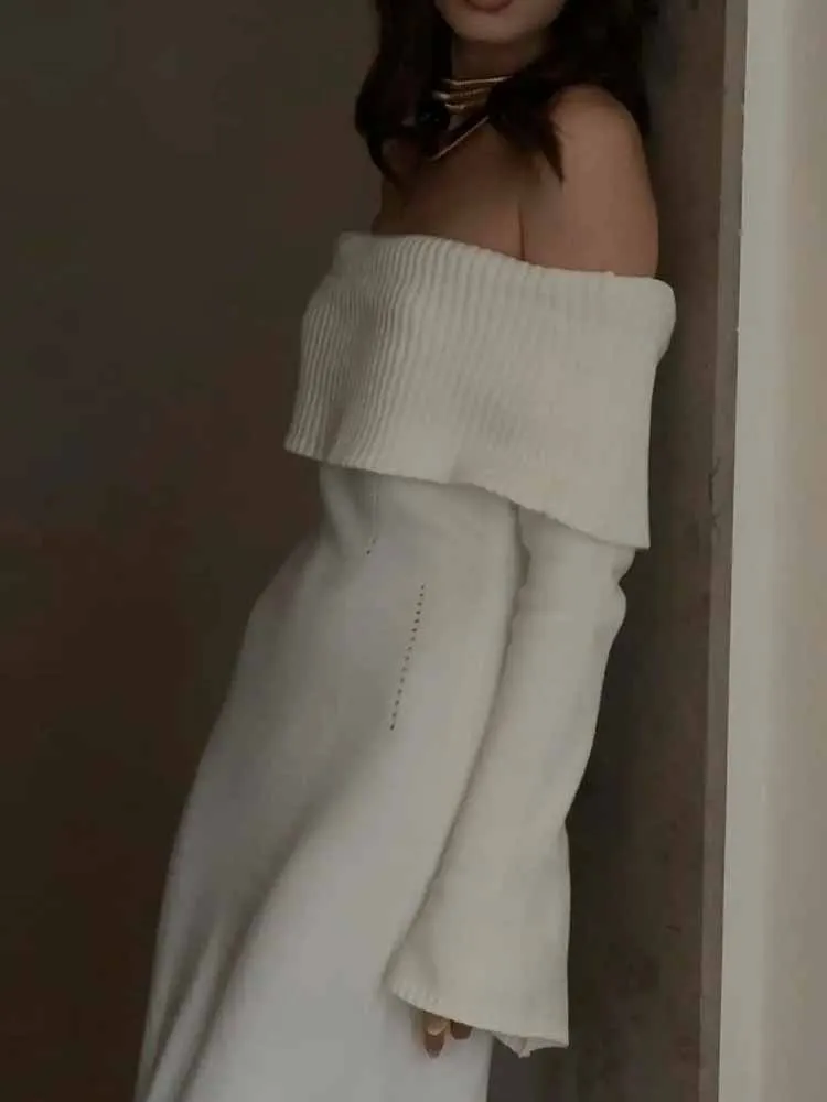 MCDV Abito sexy in maglia con spalle scoperte Abito lungo aderente a maniche lunghe con spacco 2025 Abiti lunghi da festa eleganti autunnali