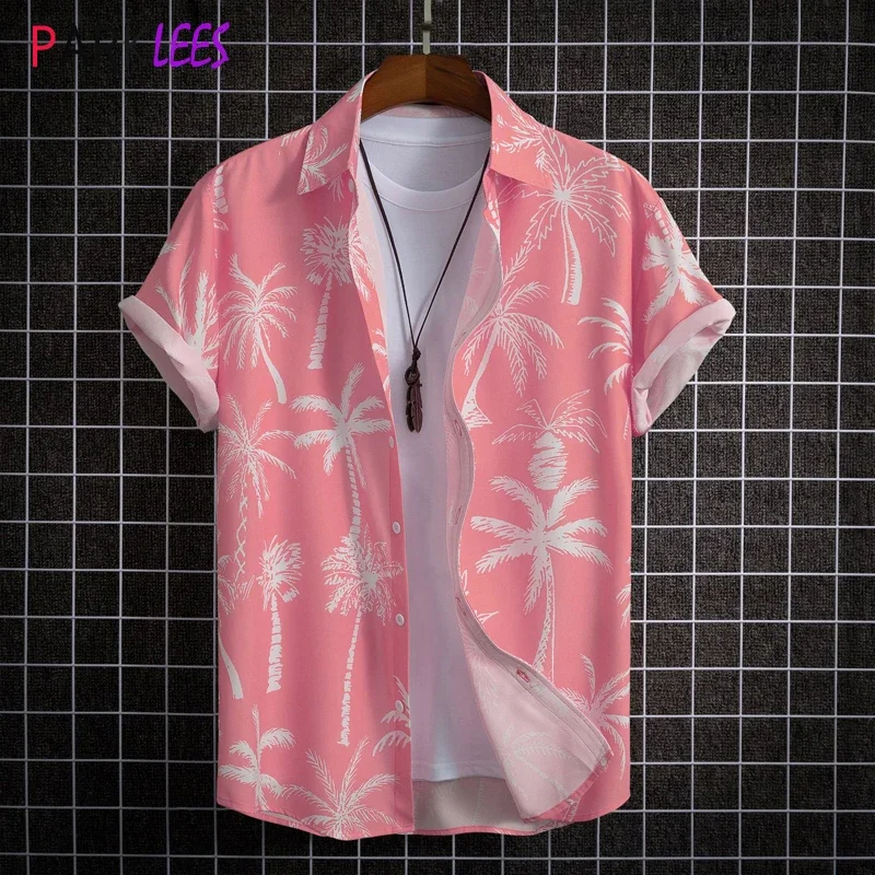 

Pink Coconut Tree Print Mens Hawaiian Shirt Short Sleeve Quick Dry Tropical Aloha Shirt Casual Party Vacation Beach Wear Shirt