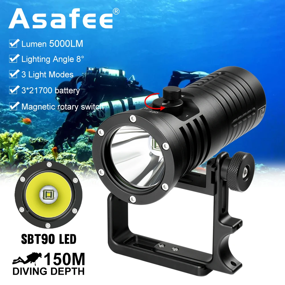 

Asafee DT08 150M Underwater Diving Flashlight 5000LM SBT90 LED Dive Torch Rotary Switch Scuba Main Light for Cave Technical