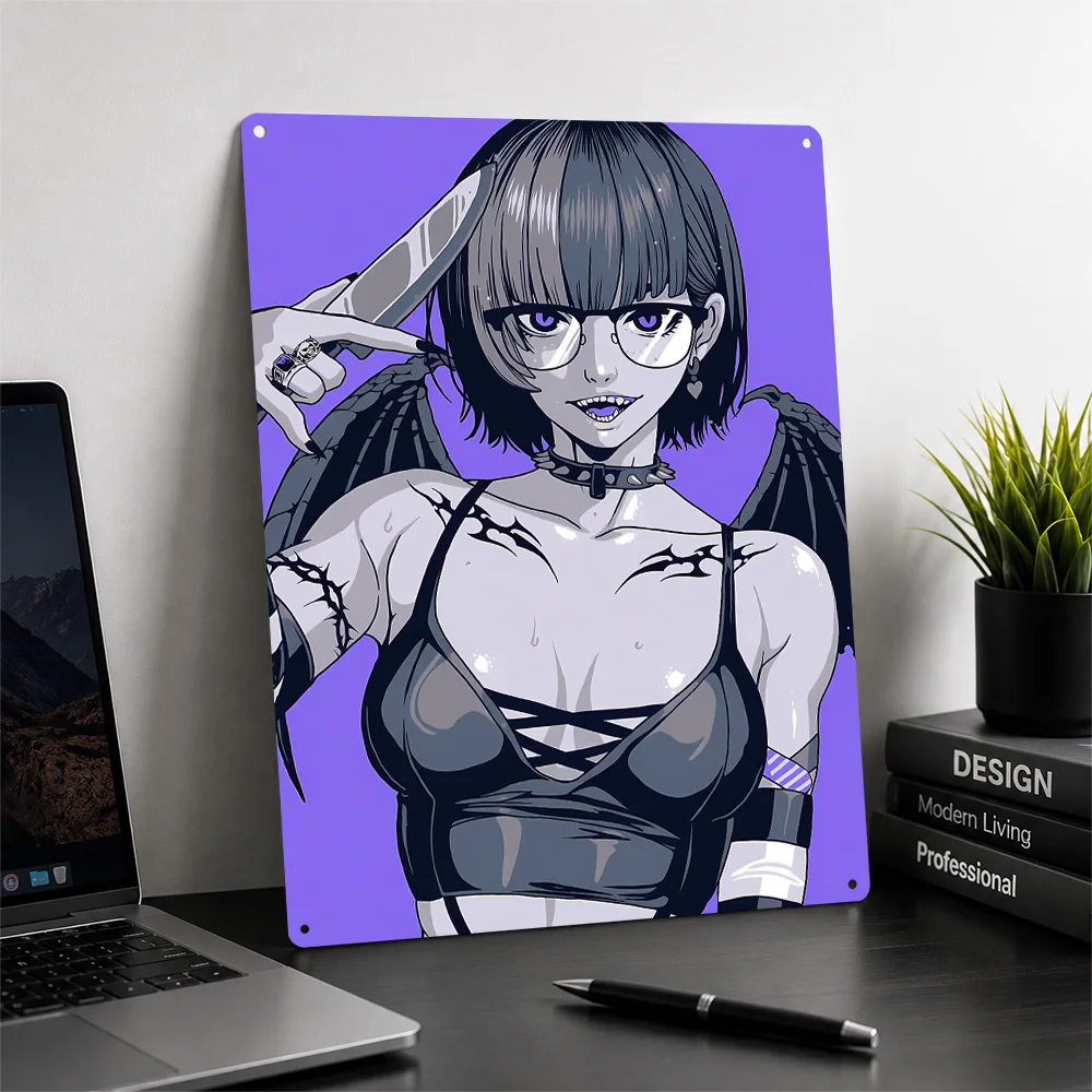 Anime Vampire Girl With Knife 3D Printed Texture Poster Personalized Wall Art Retro Metal Tin Signs for Vintage Decor Room Home
