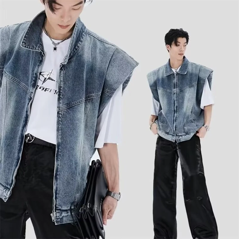 

Vintage Sleeveless Cargo Jacket Streetwear Casual Denim Vest Men Fashion Coats Male Waistcoat Loose Men Clothing Outerwear