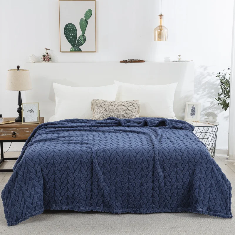 Navy Blue Solid Blanket, 3D Decorative Jacquard Thick Blankets for Teens Adults, Dual Sided Soft Plush Blankets for All Seasons