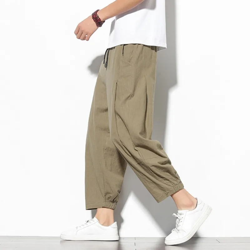 Men Summer Thin Linen Cotton Loose Carrot Cropped Pants Chinese Style Drawstring Cuff Straight Casual Trousers
